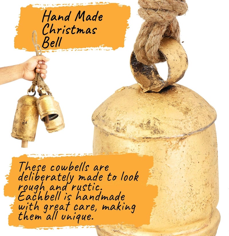 ANNA HOME Vintage Rustic Cow Bell Christmas Set - Shabby Chic Holiday Decor - 3 Bells in Various Sizes (4", 6", 8" H) Create Festive Ambiance and Invite Good Luck - Image 5